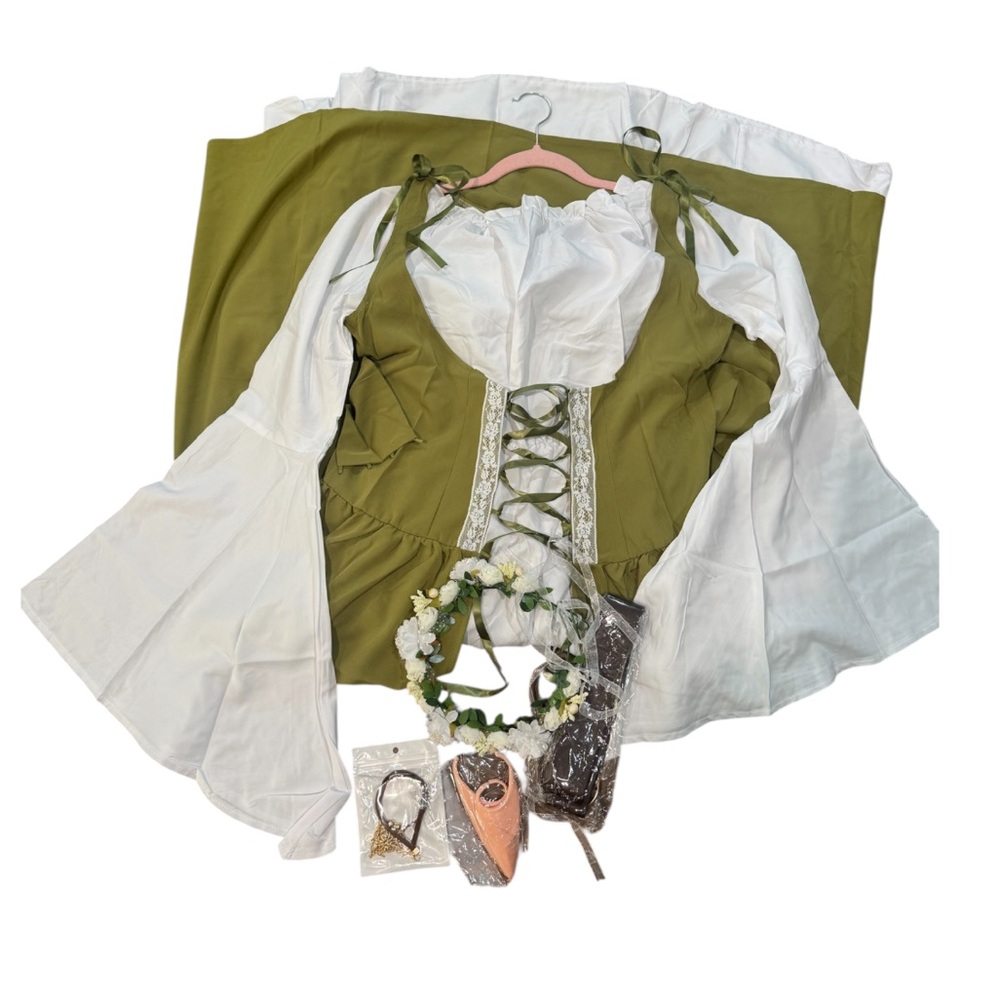 Olive Green Long Sleeve REN Faire type Peasant Dress with White Blouse